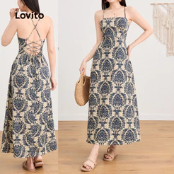 Lovito Boho Férias Vestido Tribal Print Backless Criss Cross Padrão para Mulheres L L124AD1198