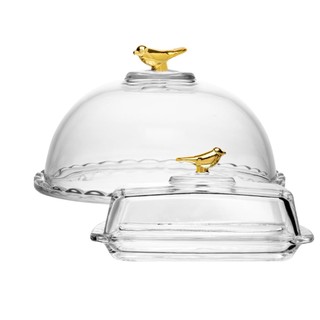 Kit Queijeira 20cm e Manteigueira 18x10cm Golden Bird Cristal Wolff