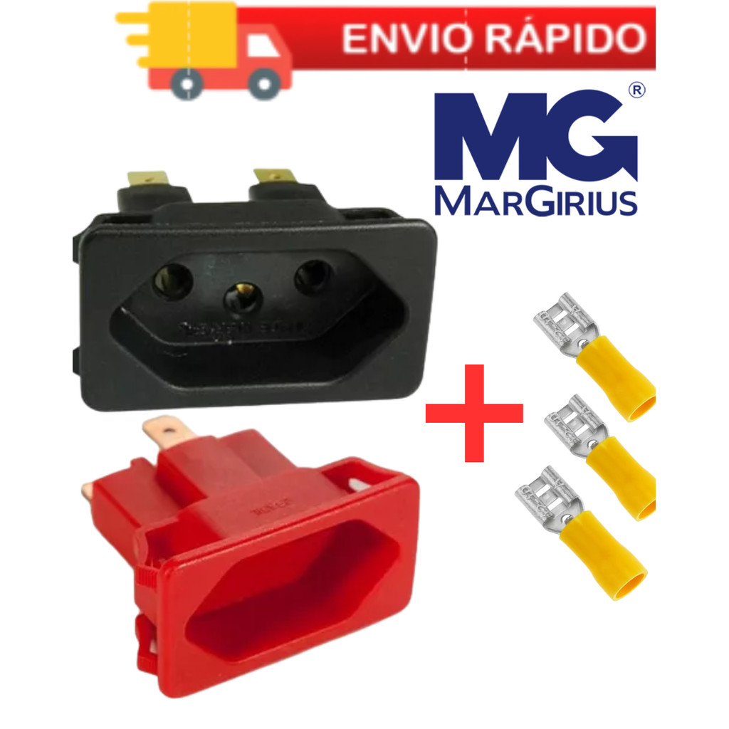 Tomada Embutir Fêmea Painel Preta e Vermelha Margirius  + Terminal Femea Amarelo  4 a 6mm em Oferta na Shopee
