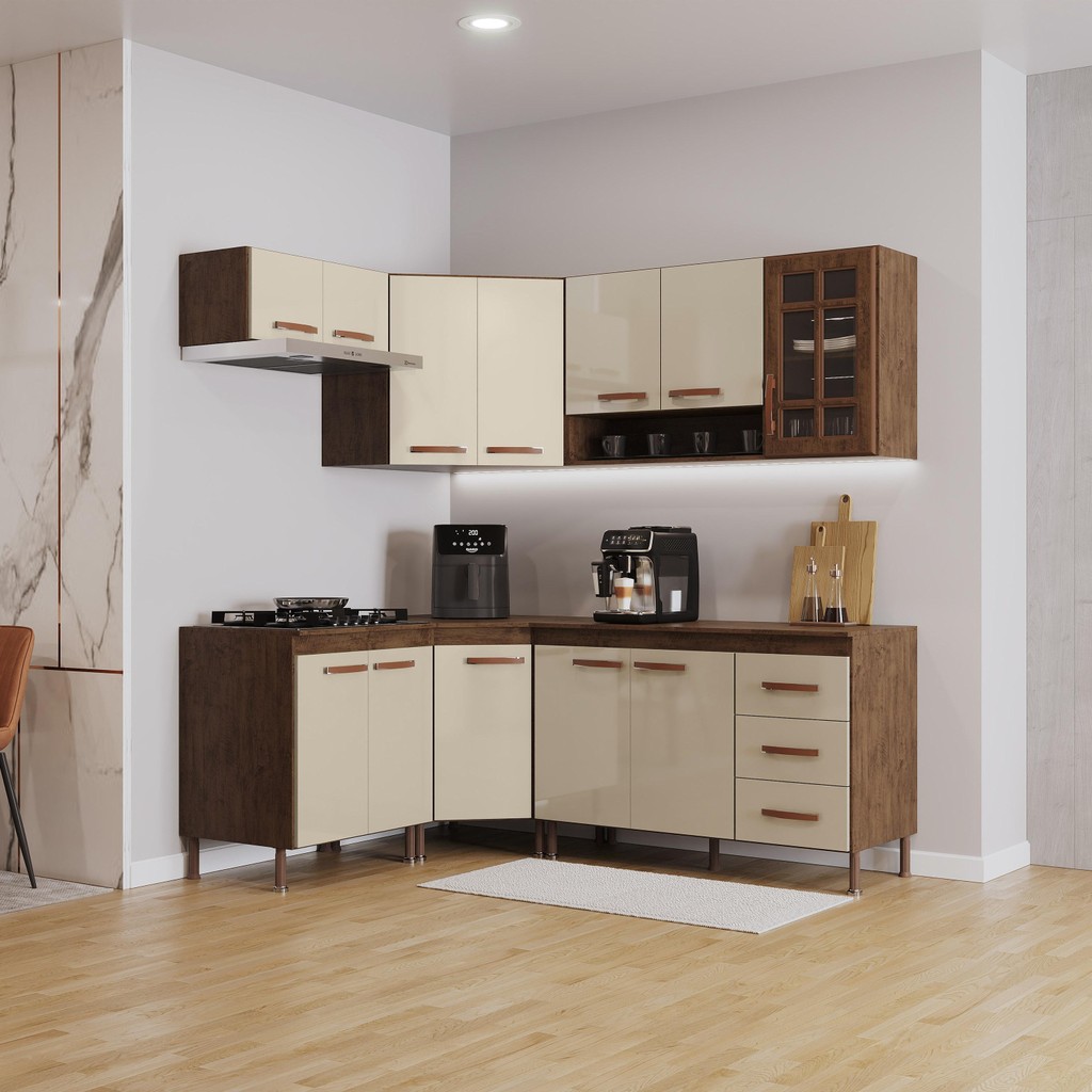 Cozinha Modulada Completa Fidelitá Lisboa 6 Peças 340cm 12 Portas 3 Gavetas Com Tampo Noce/Off-White em Oferta na Shopee
