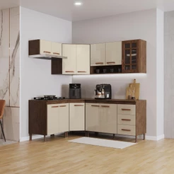 Cozinha Modulada Completa Fidelitá Lisboa 6 Peças 340cm 12 Portas 3 Gavetas Com Tampo Noce/Off-White