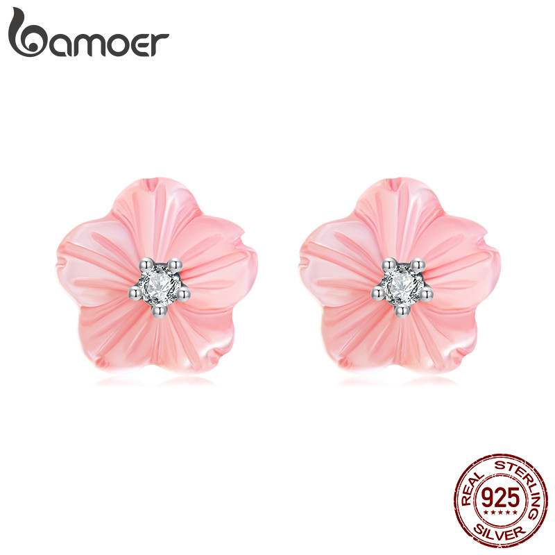 Brincos Bamoer 925 Sterling Sliver Sakura Pink Shell Design Joias Presentes Para Mulheres
