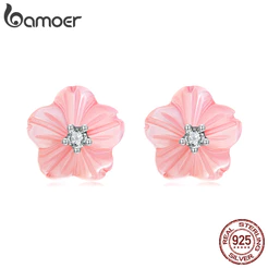 Brincos Bamoer 925 Sterling Sliver Sakura Pink Shell Design Joias Presentes Para Mulheres
