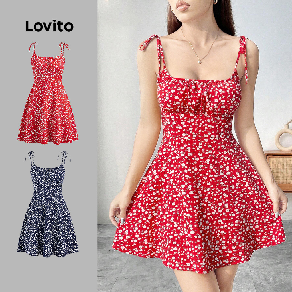 (Trendy) Lovito Vestido Casual Ditsy Floral Com Gravata Frontal Para Mulheres L106AD552 em Oferta na Shopee
