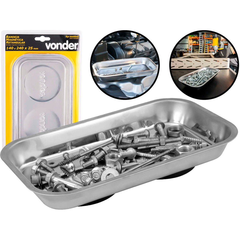 Bandeja Retangular Organizadora P/ Parafusos Pregos Ferramentas Base Magnética Inox 240mm Vonder