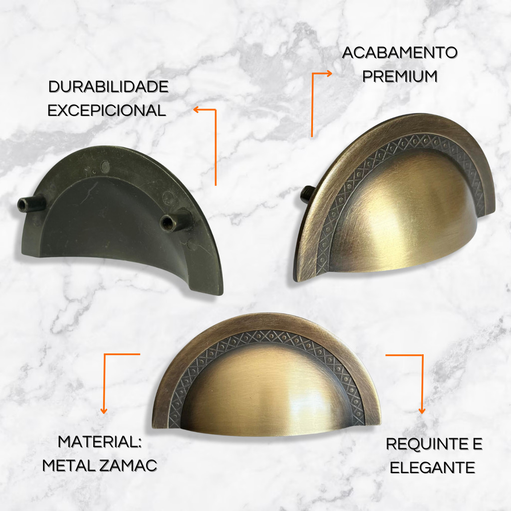 4 Puxadores Concha Shell para Móveis, Dourado Fosco-64mm, Metal Resistente, Charme e Beleza no Lar