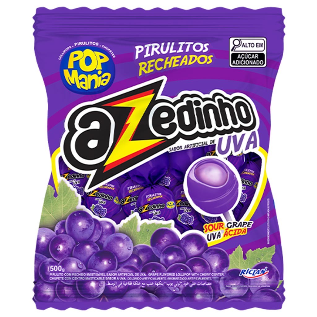 Pirulito Pop Mania Azedinho Uva Recheio Mastigável 500g - Riclan em Oferta na Shopee