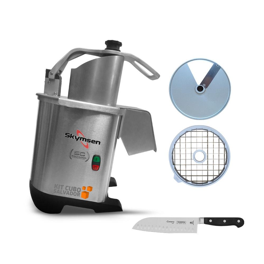 Processador de Alimentos Corte Fatias 14mm e Cubos 20mm PA7 PRO Bivolt Skymsen e Faca Santoku Profissional