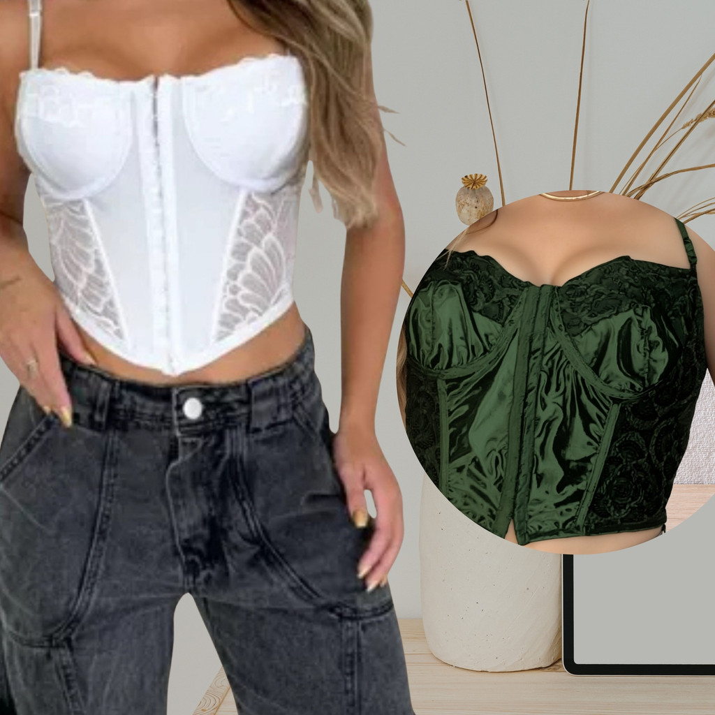 KIT 2 CORSELET FEMININO CROPPED BRANCO E VERDE Acetinado com regulador renda - A renda que veste sua beleza.