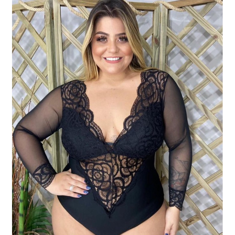 Body plus size luxo manga longa tule renda manga longa com bojo preto festa tule
