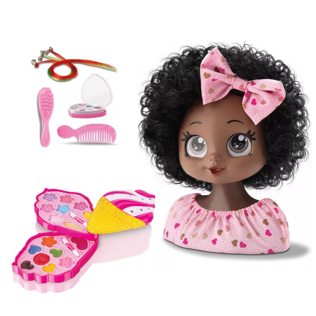 Kit Busto Boneca Negra 23cm My Best C/ Paleta Maquiagem Vanilla Ice Cream Style Hair C/ Acess.