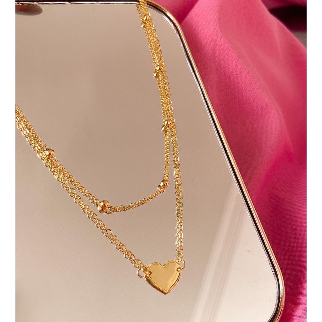 Colar Corrente Choker Dupla Colore De Coração Feminino Banhado Folheado A Ouro 18K