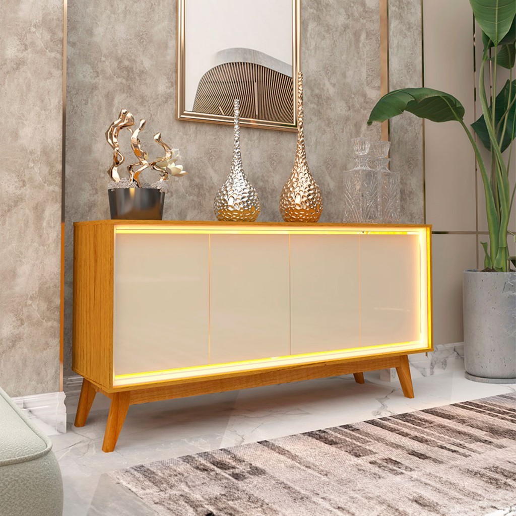 Balcão Buffet Requinte 4 Portas 100% Mdf com Led Naturale/Off White - Gelius em Oferta na Shopee