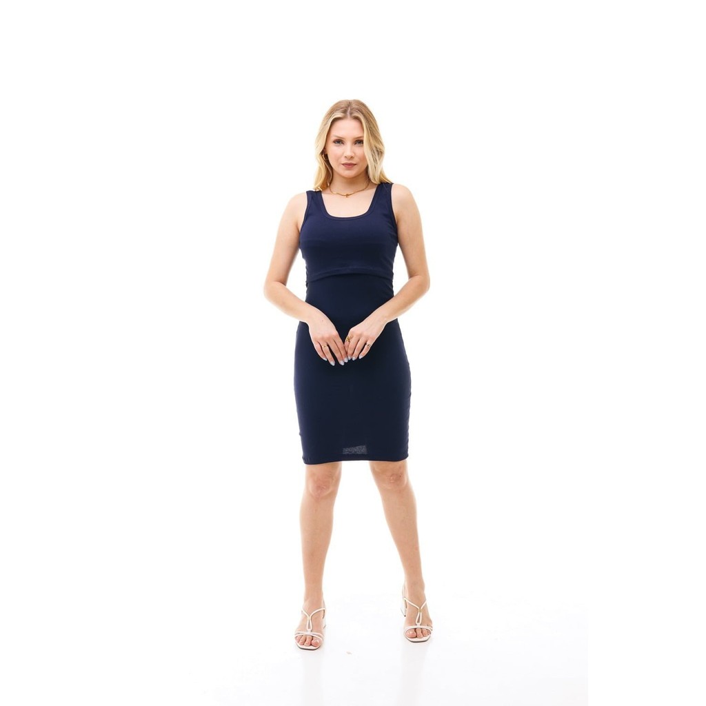 Vestido Básico Gestante Amamentação Regata Azul Marinho