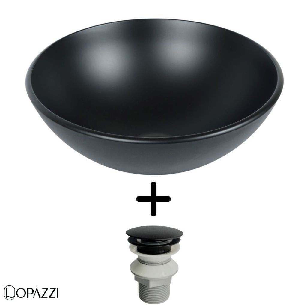 KIT CUBA DE VIDRO REDONDA 35CM PARA BANHEIROS E LAVABOS +  VÁLVULA CLICK UP INCLUSA - ACABAMENTO FOSCO MATTE