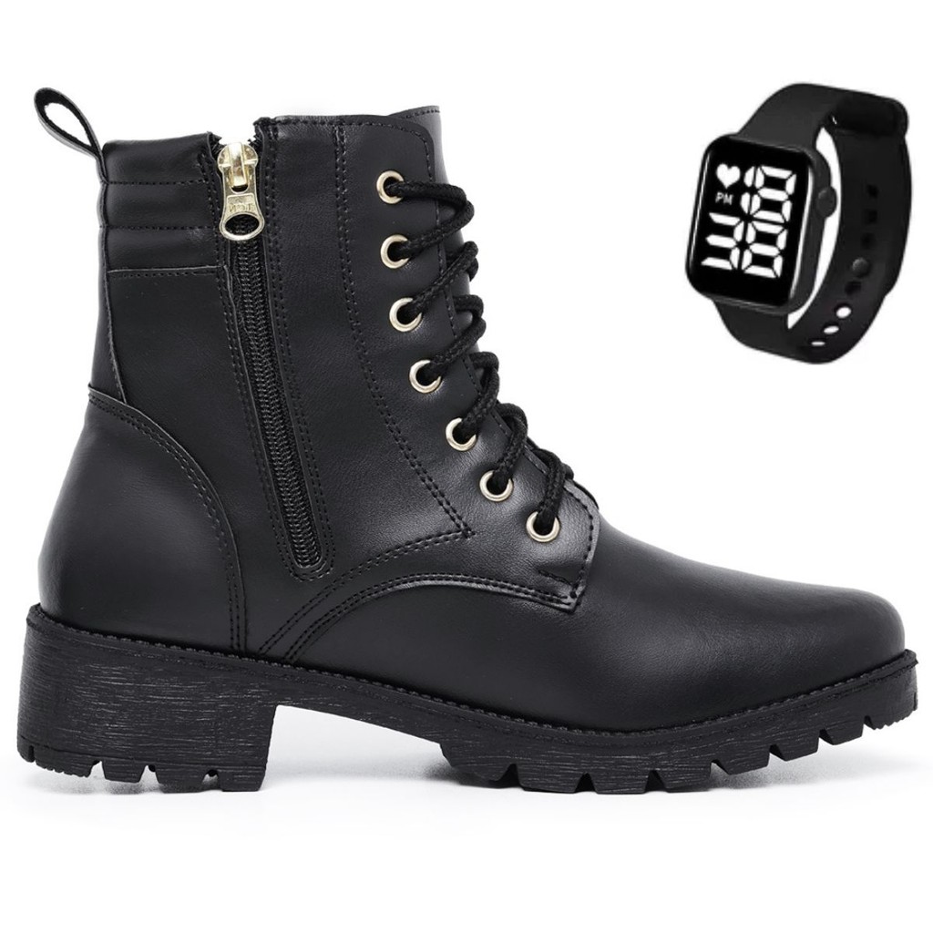Bota Casual Coturno Botinha Feminina Preta Moderna Cano Curto Salto Ziper Moda Leve Confortavel + Relogio