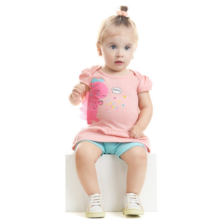 13705 CONJUNTO BEBE MENINA P-M-G BLUSA MEIA MALHA SILK DINO E CICLISTA RIBANA