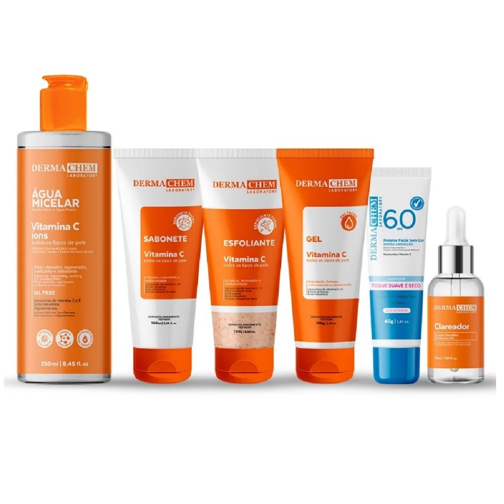Kit Skin Pele De Porcelana Care Dermachem Cuidado Facial com Vitamina C e Clareador Protetor Facial 60FPS