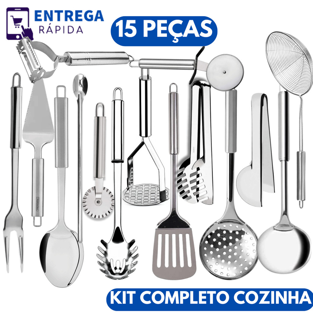 Kit 15 Peças Utensílios para Cozinha em Aço Inox Jogo Completo Escumadeira Concha Espátula...