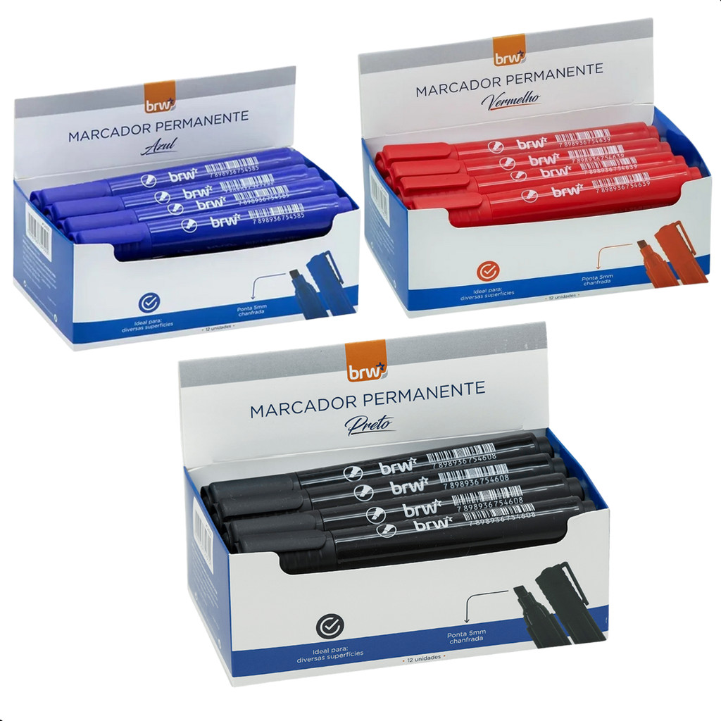 Kit 12 Marcador Permanente Preto Azul Vermelho Caneta Multiuso Escolar Escritório Quadro Branco