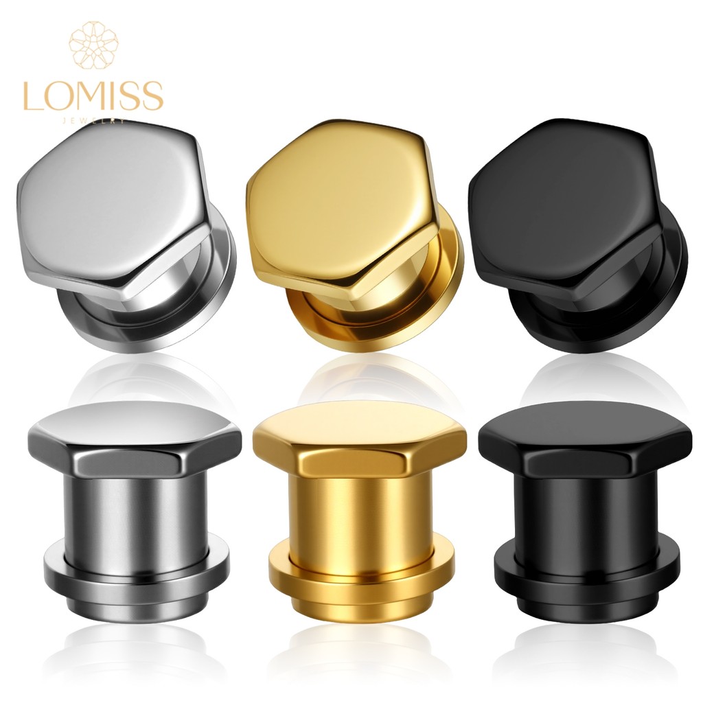 Alargador de Orelha Personalizado Aço Cirúrgico Pvd Topo Exagonal Liso em Oferta na Shopee