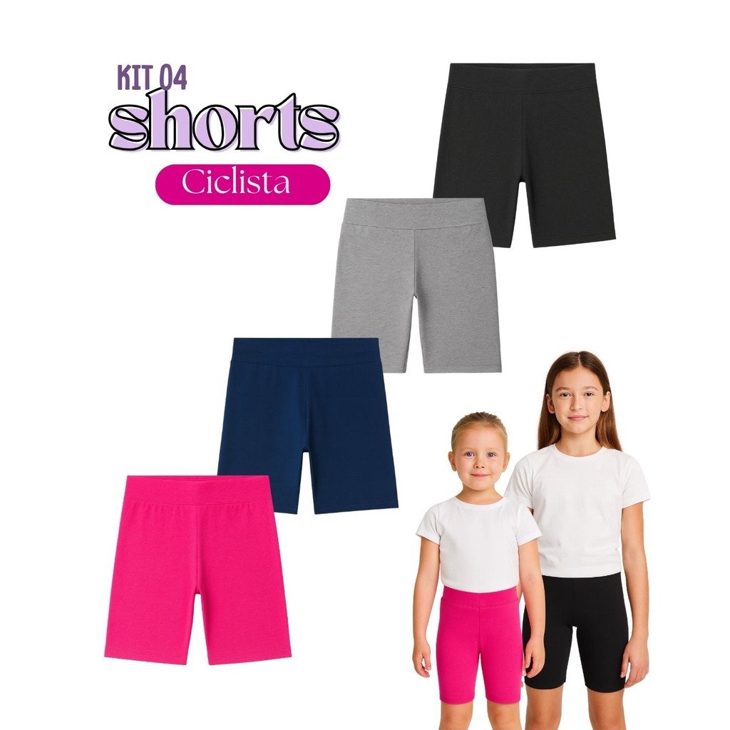 Kit 4 Shorts Feminino Ciclista básico Infantil Juvenil Roupa Verão Menina Algodão + Cotton Tam 4-10