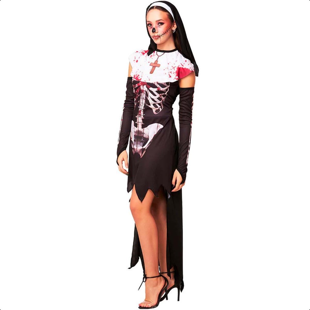 Fantasia Halloween Feminina Freira Terror Zumbi Esqueleto Com Véu de Noviça em Oferta na Shopee