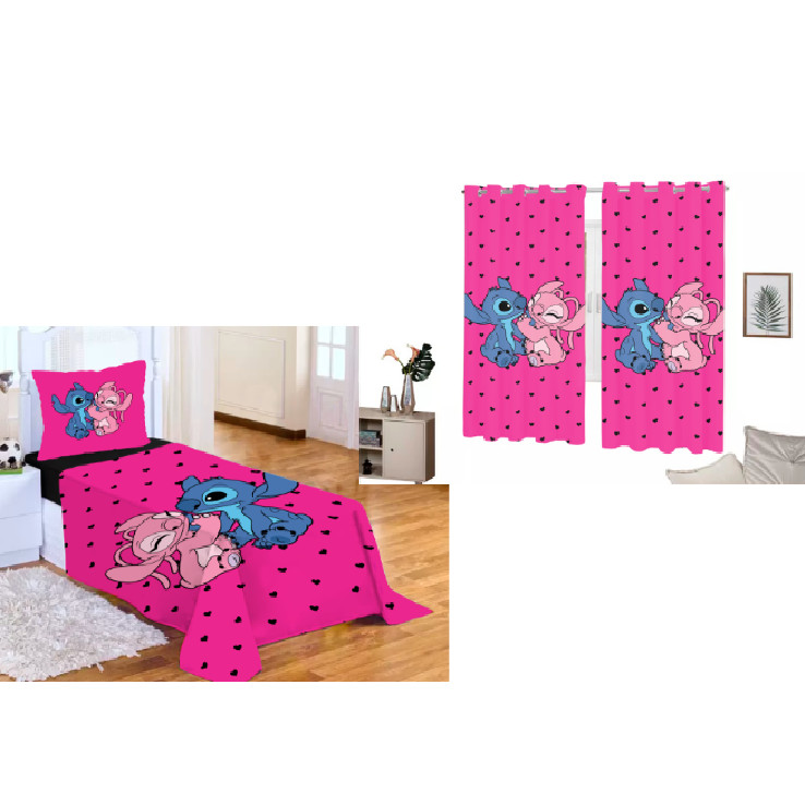 LENÇOL  SEM ELASTICO COM FRONHA + CORTINA LILO STITCH PINK CORAÇÃO em Oferta na Shopee