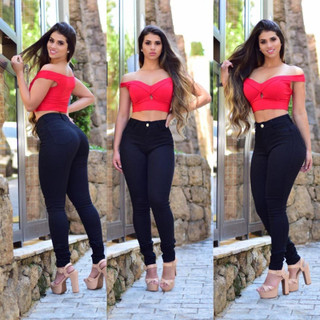 Calça Preta Feminina com Lycra Cintura Alta Elastano Skinny Estilo Casual Chique