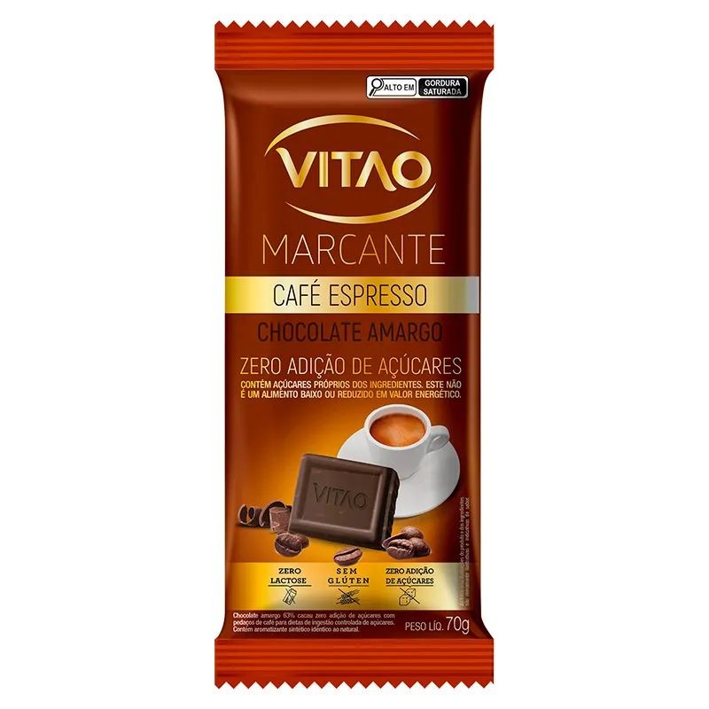 Chocolate Café Espresso Meio Amargo Zero Adição Açúcar Vitao 70g em Oferta na Shopee