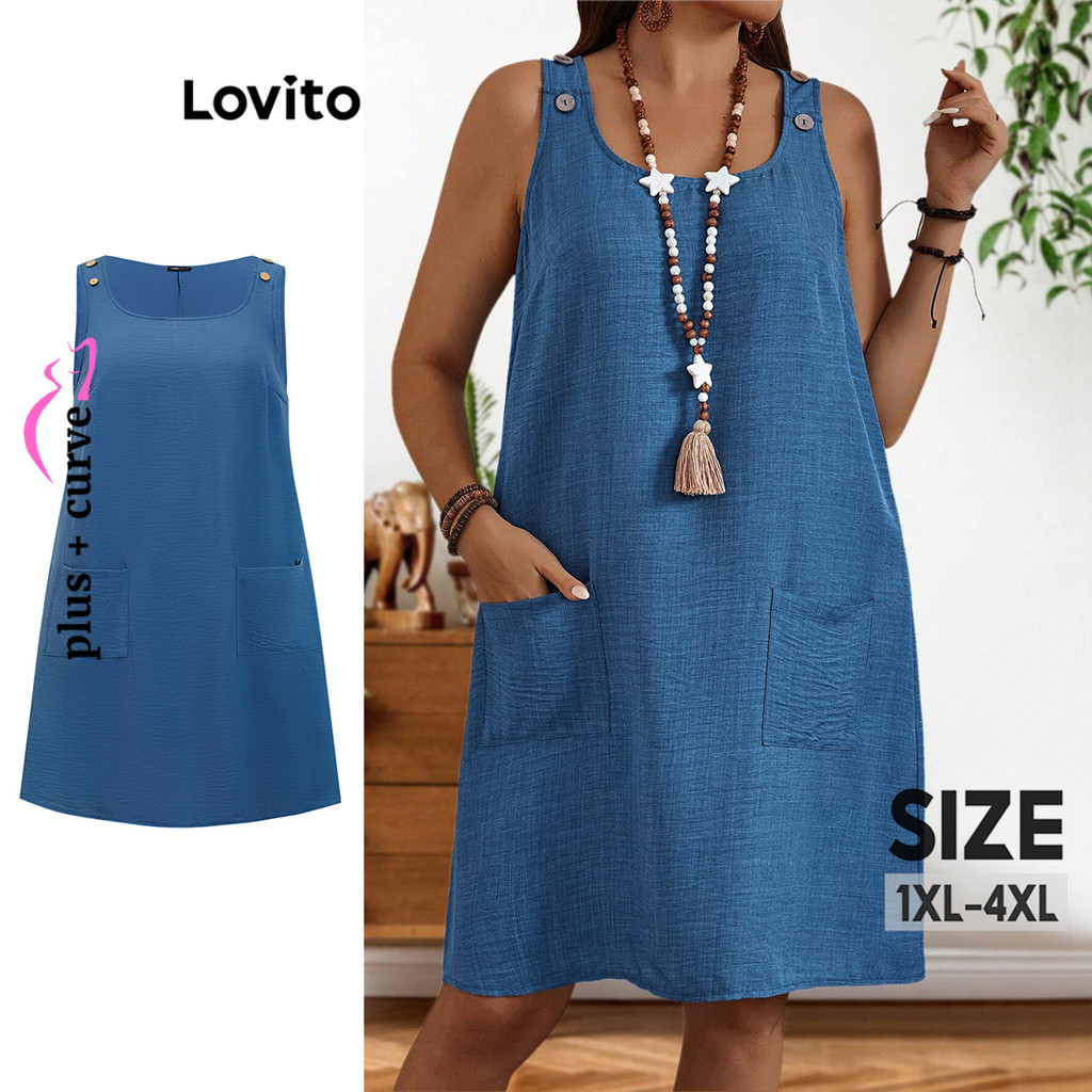(Trendy) Lovito Vestido Curvo Plus Size Casual Vestido De Bolso Com Botão Liso Para Mulheres LBL18749 - Women Clothes