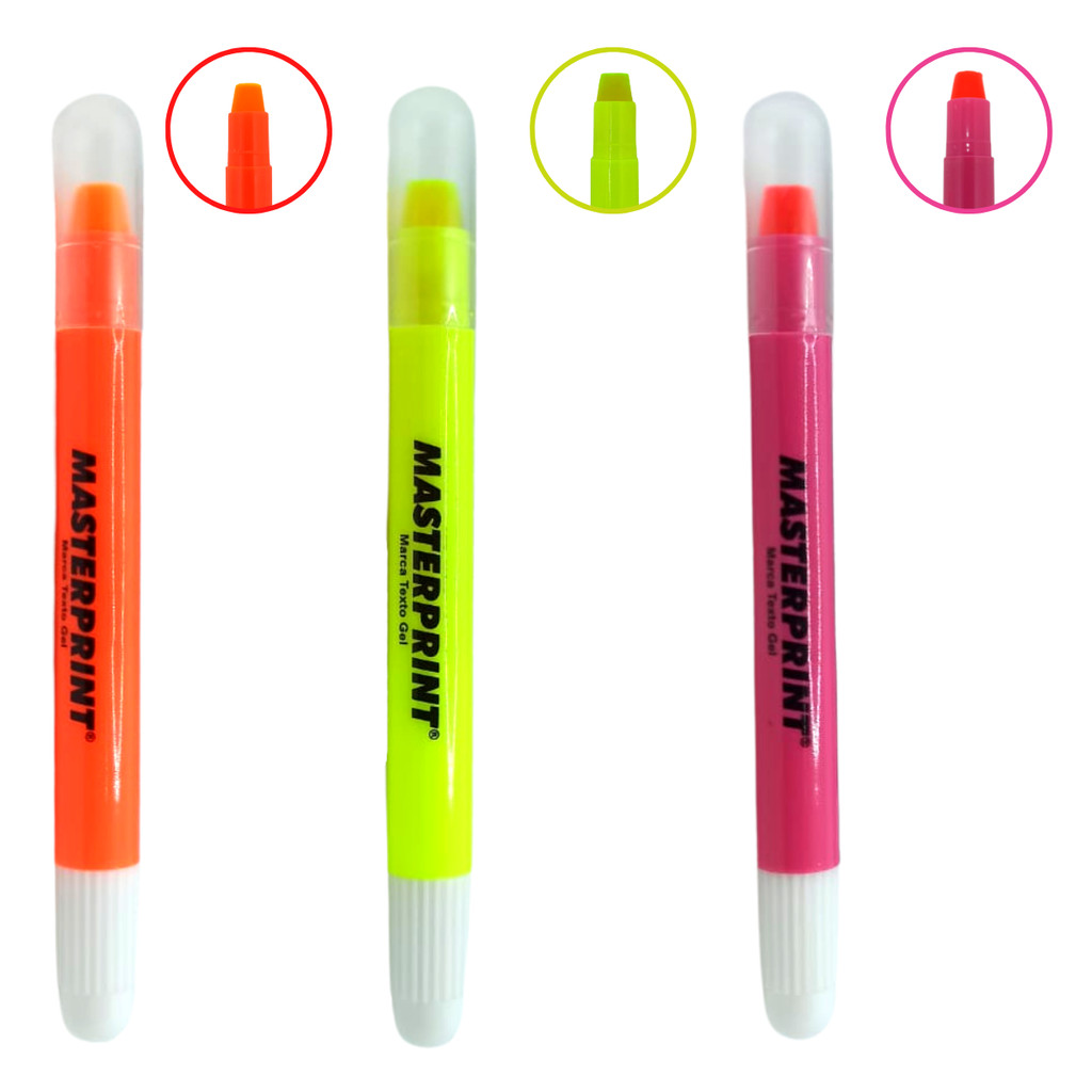 Kit 3 Canetas Marca Texto Gel Masterprint Cores Amarelo, Laranja, Rosa