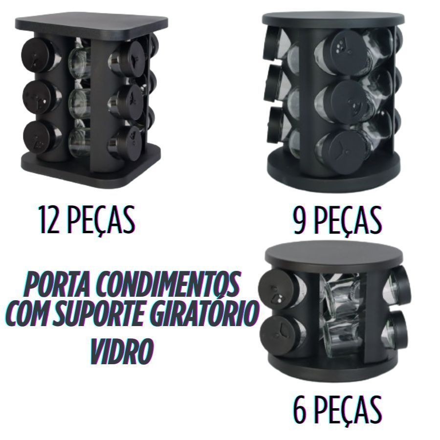 Porta Condimentos Com Suporte Giratório Tempero 9 Ou 12 Ou 6 Potes De Vidro Preto Com Dosador 90G
