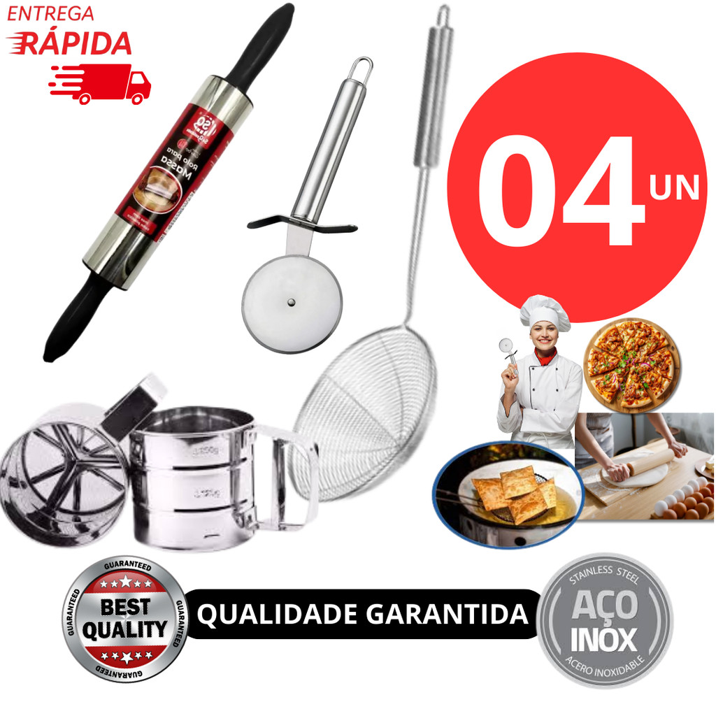 Kit 4 Peças Pastel Escumadeira De Fritura Cortador De Pastel Rolo De Massas