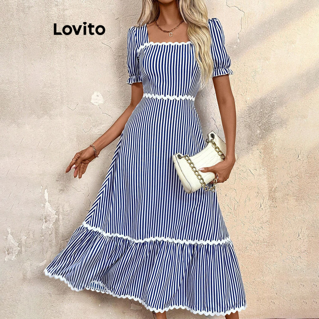 Lovito Vestido Boho Listrado Contraste Fita Estrutura Linha Vestido Mangas Puffs Para Mulheres LBL16576