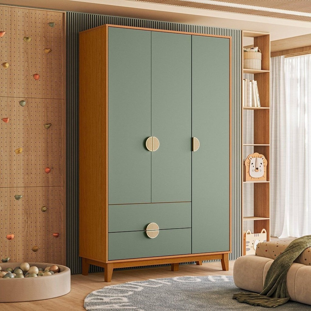 Guarda-Roupa Infantil 3 Portas e 2 Gavetas Kid em MDF Cinamomo/Sálvia em Oferta na Shopee