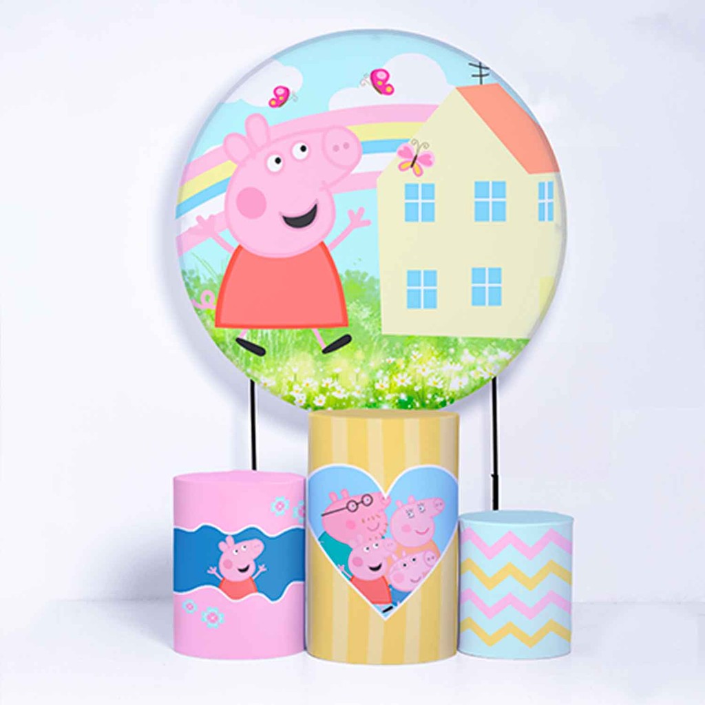 Kit Painel de Festa Redondo de 1,30m e Trio de Cilindros Peppa Pig - Fera Print