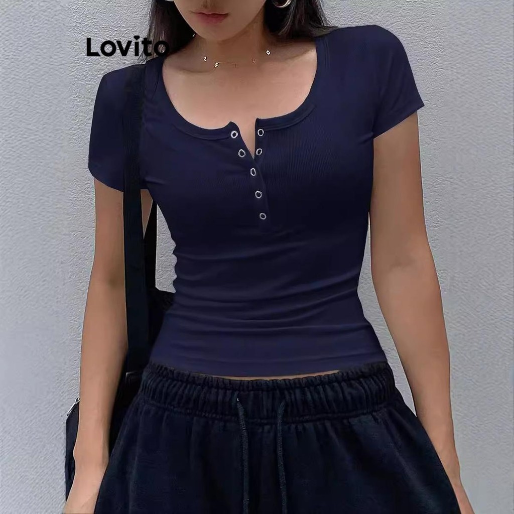 Lovito Camiseta feminina casual com botões lisos na frente LNL74382 - Women Clothes