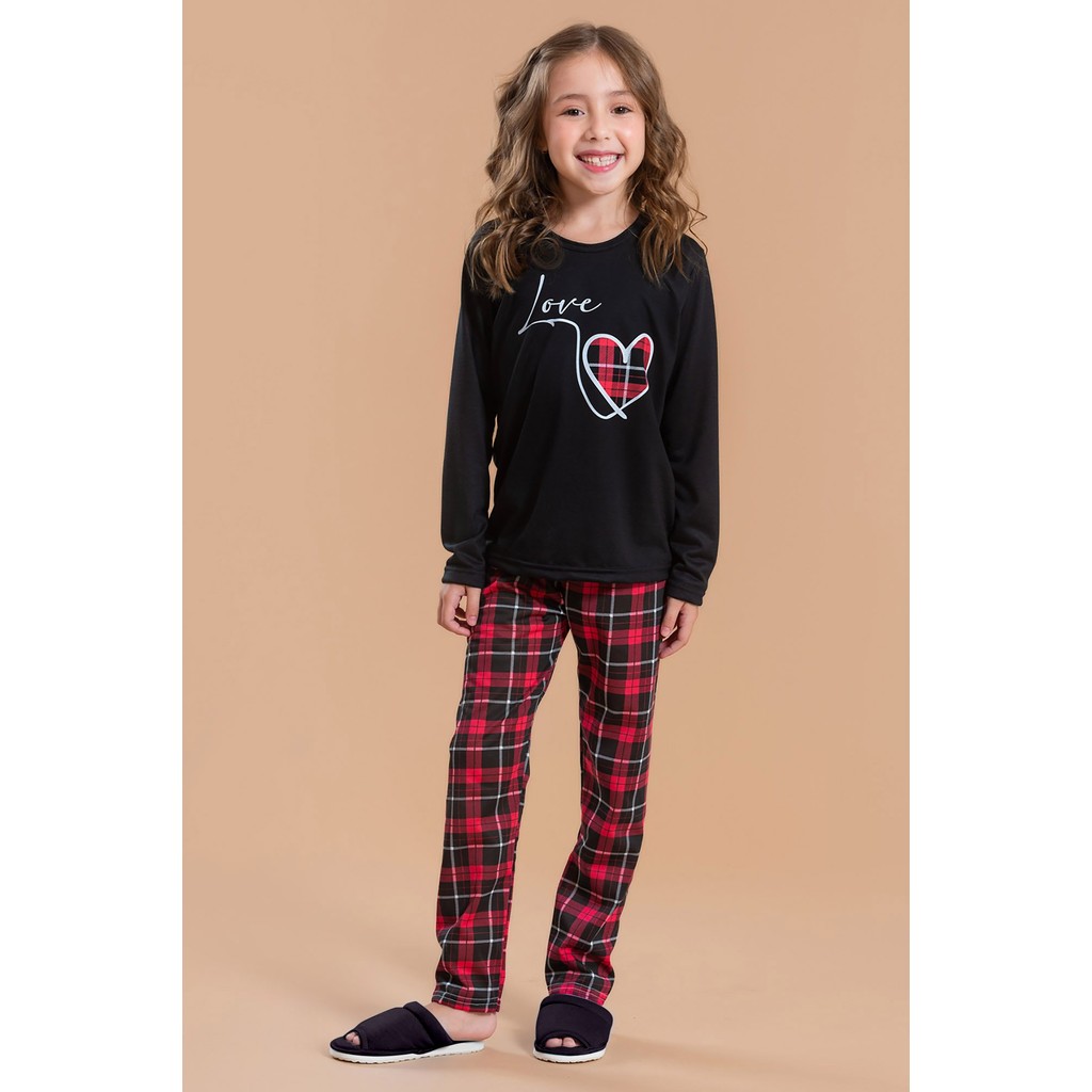 Pijama Longo Feminino Inverno Infantil Calça - Love Xadrez Vermelho em Oferta na Shopee