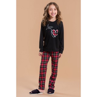 Pijama Longo Feminino Inverno Infantil Calça - Love Xadrez Vermelho em Oferta na Shopee