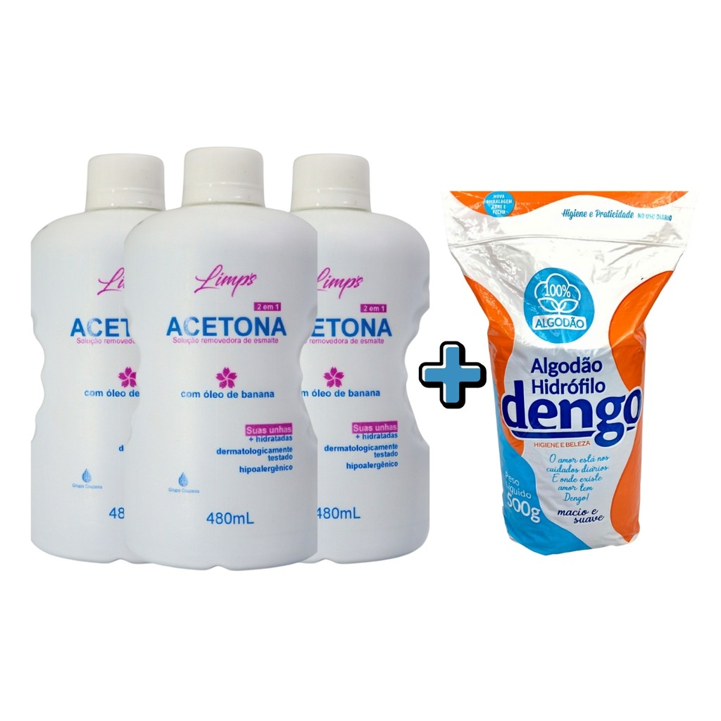 Kit 3 Acetona Cruzeiro Limps + Algodão Dengo Hidrófilo