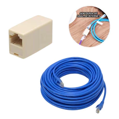 Kit Emenda Rj45 Fêmea Prolongador + Cabo De Rede 10 Metros 10m Conectar Internet Ligar Fio No Outro Montado Pronto