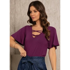 Blusa Feminina Roxa com Cordel Transpassado - Manga Longa, Mullet e Conforto | Quintess