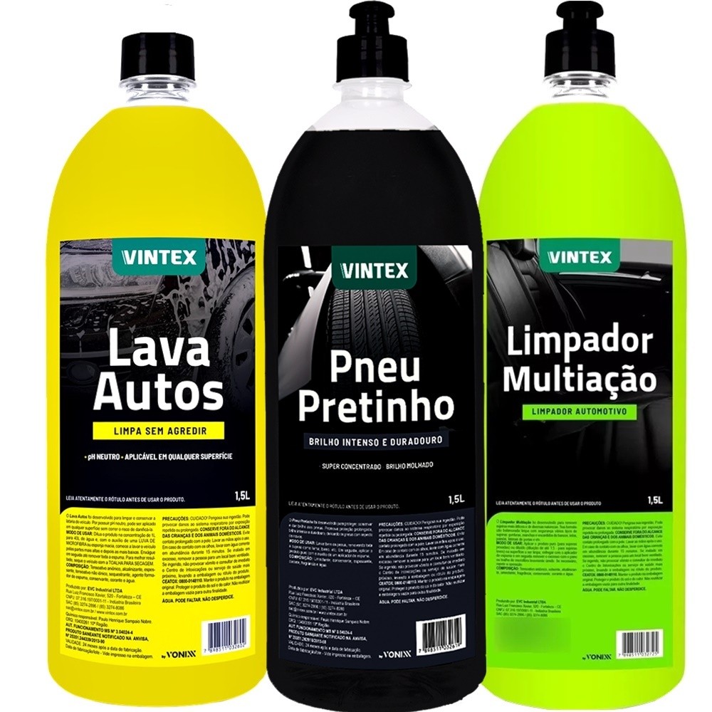 Kit Vintex Pneu Pretinho Lava Autos Limpador Multição 1,5 Litros Abrilhantador De Borrachas Shampoo Concentrado Neutro