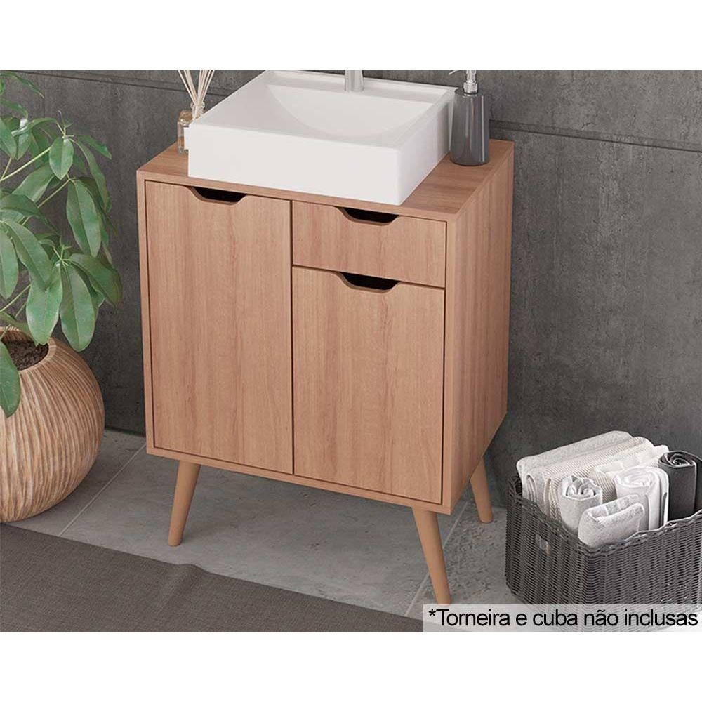 Gabinete de Banheiro c/ Pés BN3637 s/ Cuba 2 Portas e 1 Gaveta60cm Amêndoa - Tecno Mobili