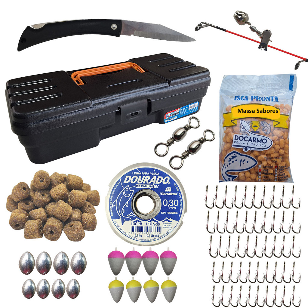 Kit Tralha de Pesca Completo Anzol Chumbada Isca Linha Massa Ração Pesqueiro Presente Canivete