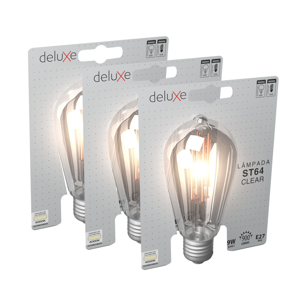 Kit 3 Lampadas de Led ST64 Clear Retro Vintage 9w 4000K Luz Branco Neutro Bivolt E27 Deluxe em Oferta na Shopee
