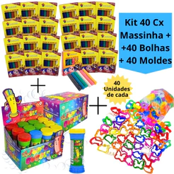 Kit 40 Cx Massinha de Modelar + 40 Bolhas de Sabão + 40 Molde Cortador Kit Festa Forminha Lembrancinha Infantil Escolar
