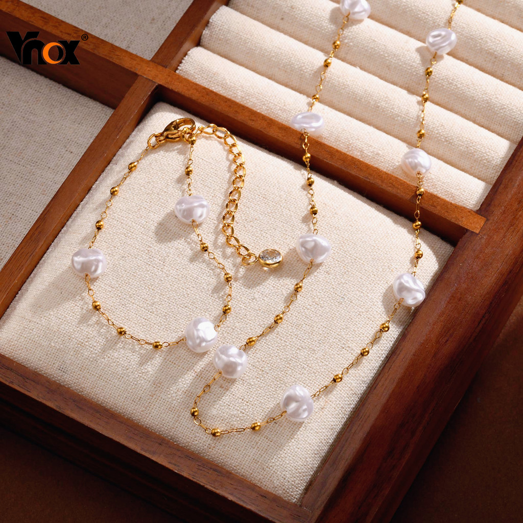 Conjunto De Pulseira De Pérolas Barrocas Vnox Para Mulheres E Meninas , Joias Minimalistas De Aço Inoxidável Dourado Sem em Oferta na Shopee
