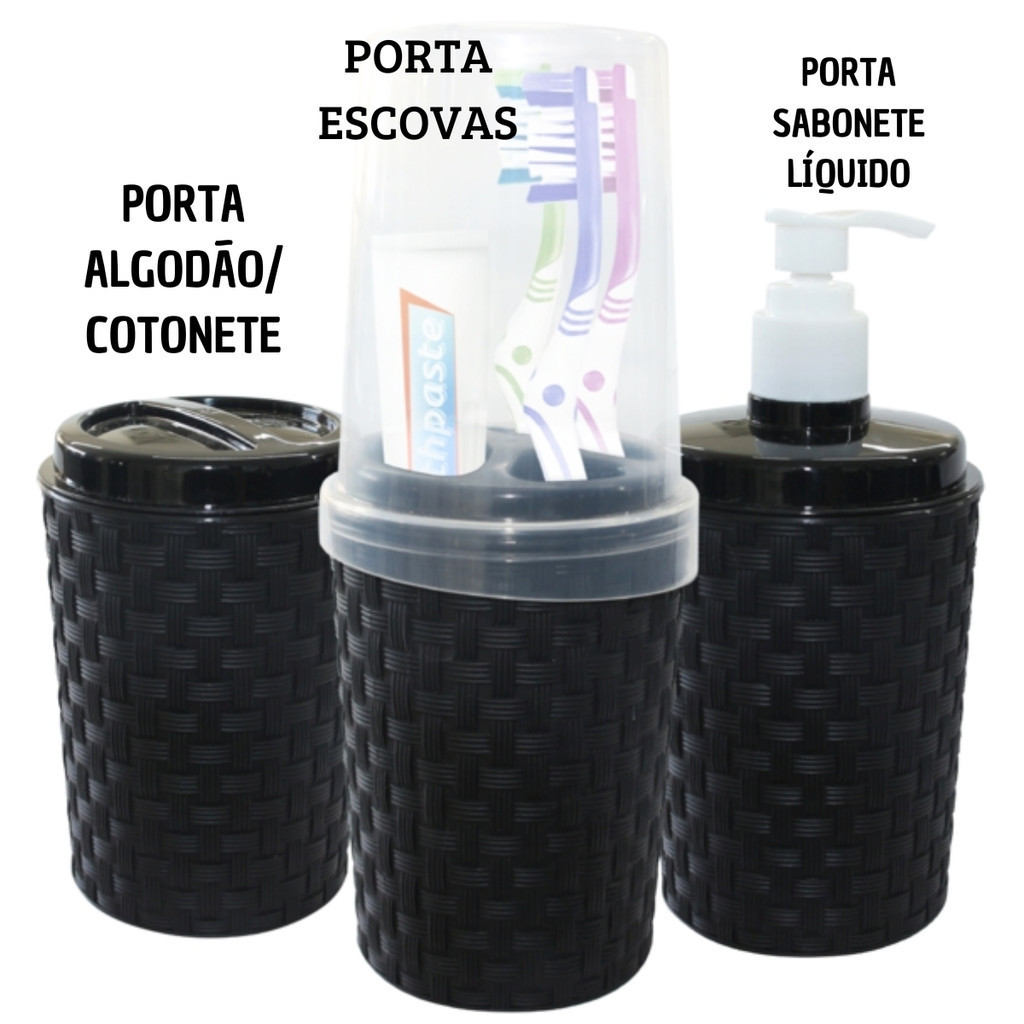 Kit Banheiro 3 peças Plástico Porta Sabonete Líquido Escova de Dente e Algodão/Cotonete em Oferta na Shopee